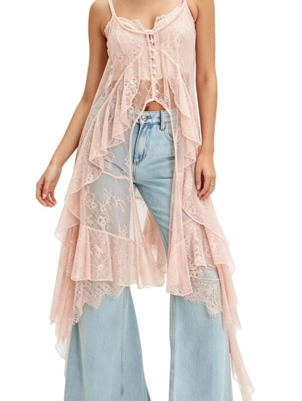Pink Lace High-Low Camisole Duster